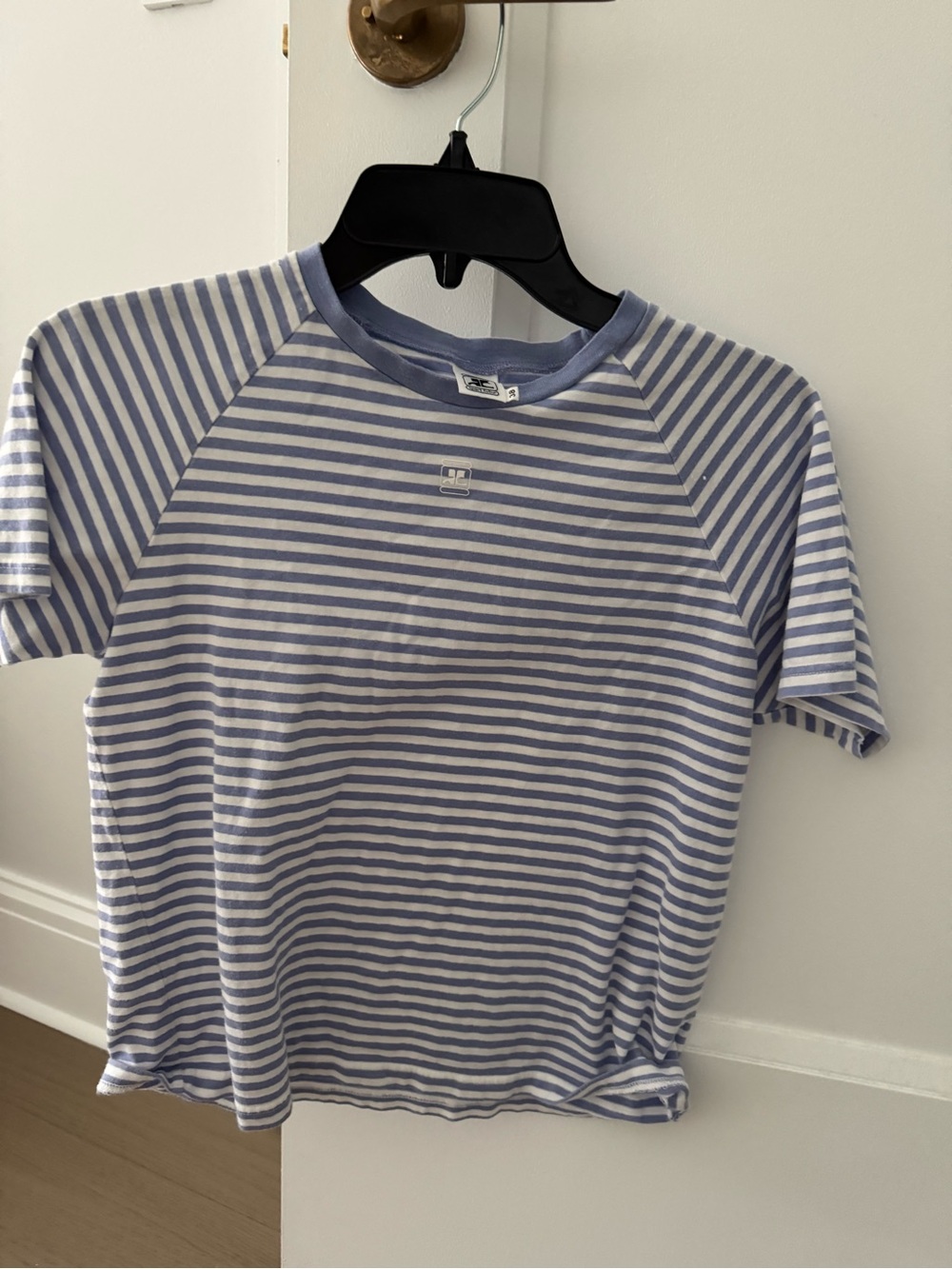 Courreges Striped Short Sleeve Tee - Light Blue & White